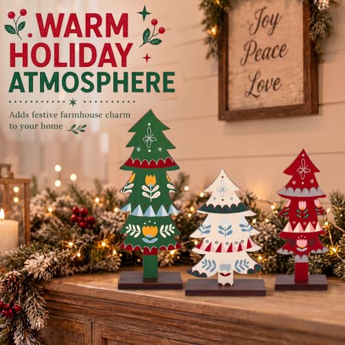 3 Pack Wood Christmas Trees for Tabletop, Pattern Print, Green, White, Red - color: Green, White, Red, style: Pattern Print