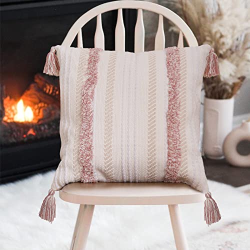 blue page Boho Tufted Square Pillow Cover 22 × 22 in – Neutral Pink | Woven Farmhouse Accent Decorative Throw Pillow Cover with Tassels & Invisible Zipper for Couch, Bed or Living Room - size: 22" x 22" (Pack of 1)