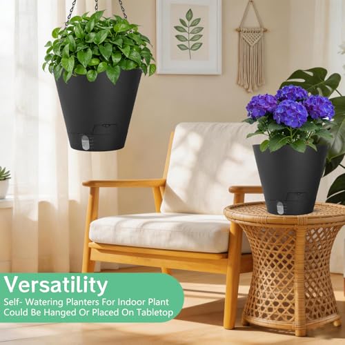 8 Inch Hanging Planters Indoor Outdoor, 3 Pack Plastic Self Watering Plant Pots with Drainage Holes & Saucers, Hanging Baskets Flower Pots with Chain for Ivy, Spider Plant, Pothos, Ferns - color: Black