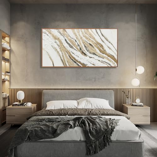 Framed White Gold Textured Abstract Canvas Wall Art For Living Room 20"X40" - color: Gold, size: 40"L x 20"W