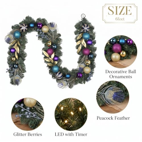 Valery Madelyn 6ft Pre-Lit Christmas Garland with Peacock Feather & Balls - color: Peacock, size: 6 feet