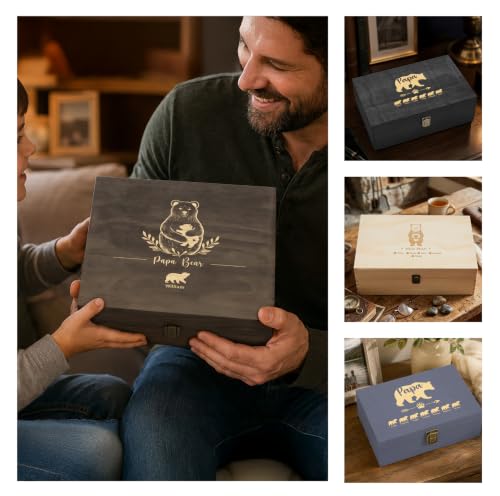 Personalized Gift for Dad or Grandpa, Engraved Wooden Family Memory Box - style: 17. Papa Bear Designs