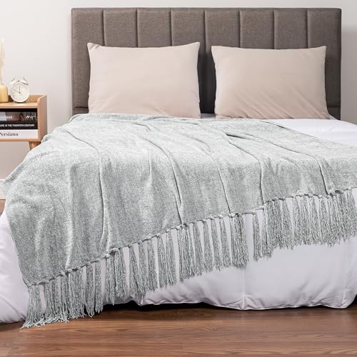 PAVILIA Chenille Throw Blanket Knit Twin Size Tassel Throw Light Grey 60x80 - color: Light Grey, size: 60 X 80 Inches - Twin
