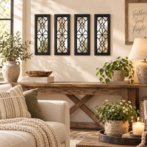 ZEXUIRU 4 Set Rustic Wall Mirrors for Bedroom Bathroom Living Room Entryway Wood Farmhouse Rectangle Easy to Hang Framed Decorative Accent Hanging Wall-Mounted Mirror Set for Living Room - Black - color: Rectangle Black Set 4