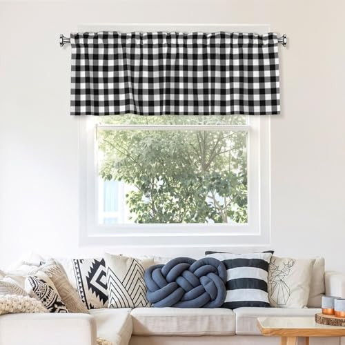 Black and White Checkerboard Curtain Valance Short Rod Pocket Window Treatment for Living Room Bedroom Kitchen Bathroom 1 Panel 54" W x 18" L - color: Black and White Checkerboard