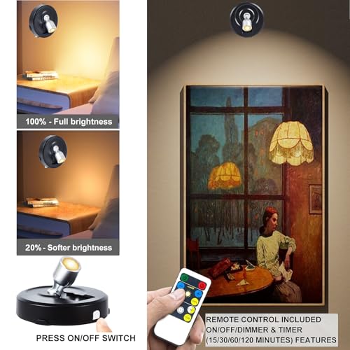 RAHAN Battery Powered Picture Lights, 2Pack LED Spotlight, Uplighting Indoor Puck Lights with Remote, Stick Spotlights for Wall Display Picture Painting Artwork Accent Dartboard - color: Black-silver