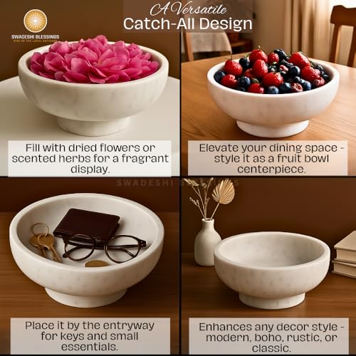 SWADESHI BLESSINGS HandCrafted Marble Decorative Bowl for Home Decor, 10.5"