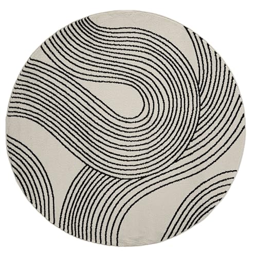 Abani Nuevo Beige Black Swirls Modern Area Rug 6' Round for Living Room, Bedroom - Abstract Design - Durable & Easy to Clean - color: Cream, size: 6' (Round)