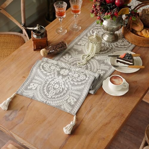 Table Runner Embroidered Boho Lace Dresser Scarf, Gray 14"x75" - color: Grey, size: 14 x 75 Inches