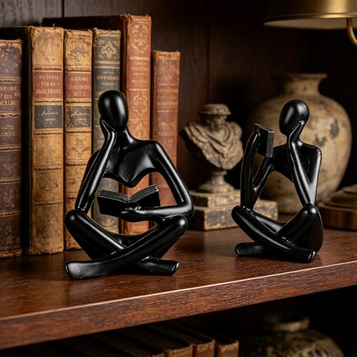 2-Piece Black Resin Seated Reading Figurines with Books, Bookshelf Decor - color: Black