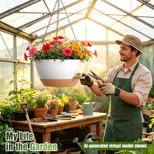 13 Inch Large Self Watering Hanging Planters 2 Pack with Saucers - color: White Brown, size: 13 Inch 2 Pack