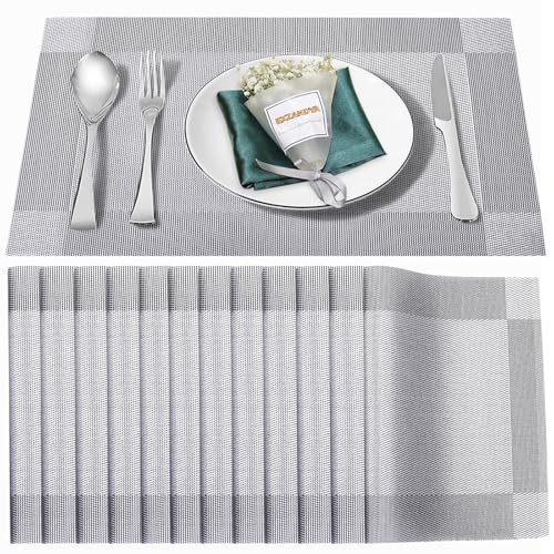 Silver Vinyl Placemats Set of 12,Washable Dining PVC Table Mats - color: Silver, size: 12PCS 12"Wx18"L
