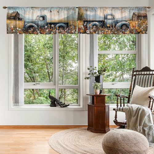 Farmhouse Truck Valance Curtain for Windows 2 Pack Rustic Country Flower Butterfly Rod Pocket Printed Curtain Valances Short Tier Curtains for Living Room Bathroom Bedroom 54x18 Inch - color: Farmhouse Truck