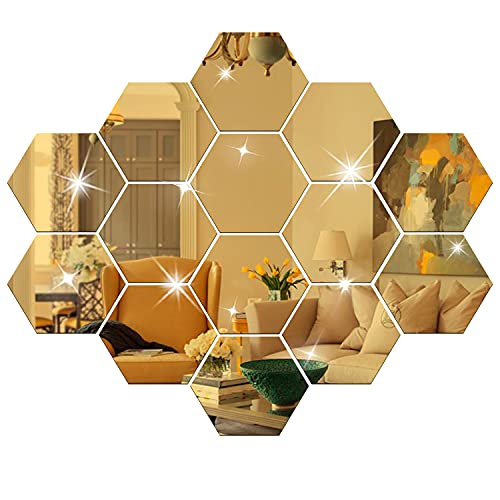 DIY Wall Decals Acrylic Mirror Sticker Set 12 Pcs, Hexagon Mirror Wall Stickers for Living Room Bedroom Decor (Gold) - color: Gold, size: 20*17*10cm