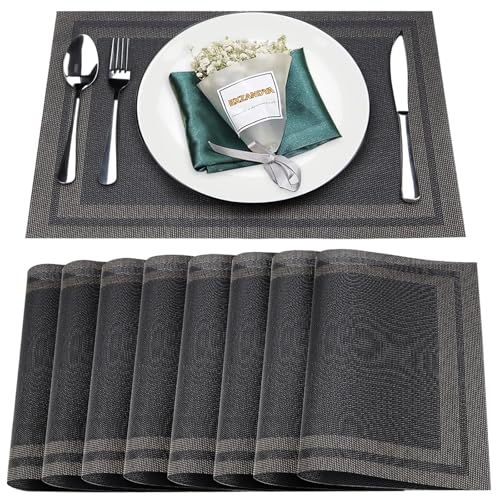 Placemats Set of 8, Vinyl Woven Black Non Slip Table Mats - color: Black Gold, size: 8PCS 12"Wx18"L