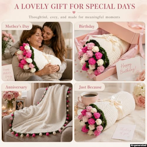 Tulip Crochet Flower Bouquet Blanket, Handmade Knitted Throw Blanket - color: Pink Tulip, size: Large