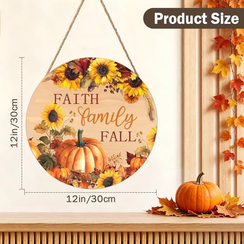 Faith Family Fall Front Door Sign Fall Sunflower Pumpkin Door Decorations Wood Sign Autumn Harvest Wreath Door Hanger Farmhouse Fall Plaques Wall Hanging Decoration for Home Proch Yard 12"x12" - color: Faith Family Fall