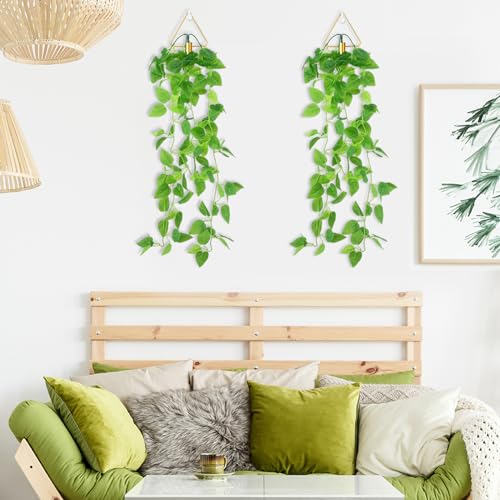 Jexine 2 Pcs Boho Wall Decor Gold Hanging Planters with Artificial Plants Wall Art Mounted Metal Home Decor Display Bedroom Bathroom Living Room(Pothos) - style: Pothos