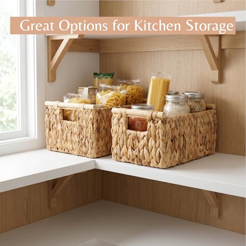 Water Hyacinth Storage Baskets, Wicker Shelf Baskets with Wooden Handle