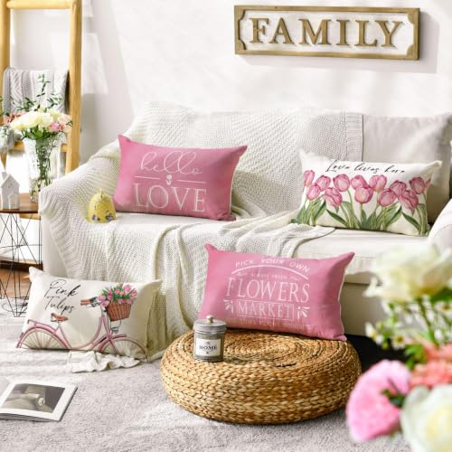 AVOIN colorlife Hello Love Pink Tulips Bicycle Throw Pillow Covers, 12 x 20 Inch Flowers Spring Mother's Day Cushion Case for Sofa Couch Set of 4 - size: 20" x 12" (Pack of 4)