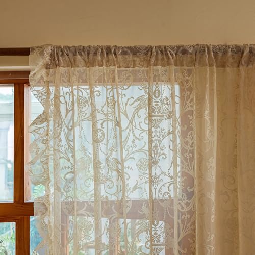 TUDECO Beige Lace Sheer Curtains 72 Inches Long, Ruffle Edges, 2 Panels - color: Beige, size: 59"W x 72"L (Pack of 2)