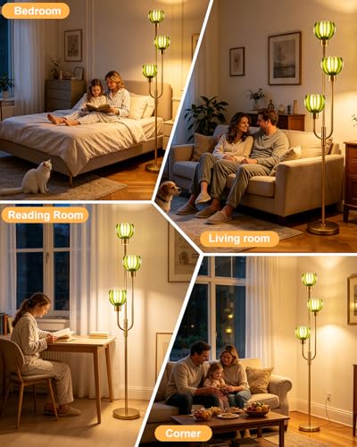 Modern Glass Floor Lamp 66IN 3-Light Green Glass Gold Dimmable Floor Lamps - color: Green Lotus-Gold