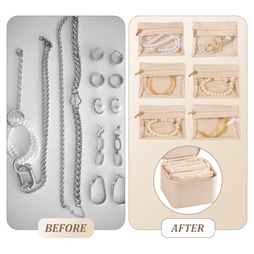 Travel Jewelry Case with 6 Velvet Zipped Pouches Bags, Beige - color: Beige - 6 Pouch