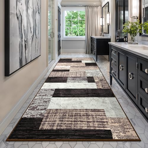 Indoor Washable Runner Rug with Rubber Backing, Modern Geometric Patchwork - color: Chocolate, size: 2' x 6' (Rectangular)
