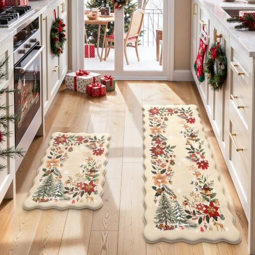 KIMODE Anti Fatigue Kitchen Mats, Beige Christmas Decor Kitchen Floor Mats - color: Christmas/Beige, size: 17.3" x 47"+17.3" x 29"--0.47 inches