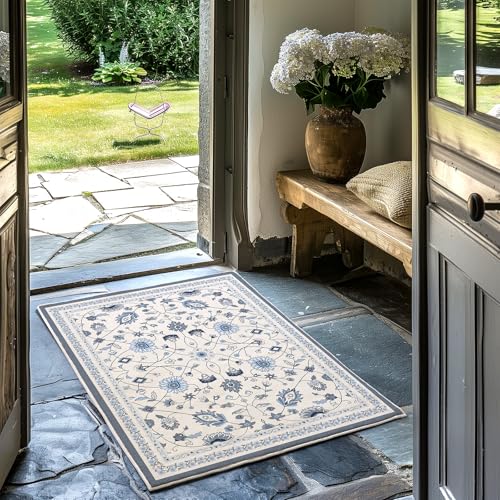 EverGrace Area Rugs for Entryway 2x3, Boho Floral Faux Wool Indoor Outdoor Small Rugs, Washable Rugs for Bedroom Bathroom Laundry Doormat, Low Pile Floor Mat Carpet for Home Decor, Porcelain Blue - color: Porcelain Blue Multi, size: 2'x3'