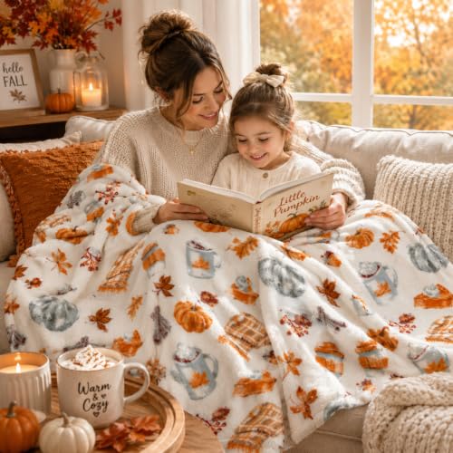 Fall Soft Fleece Throw Blanket, Pumpkin Spice Design, 50x70, Oversized - color: White Brown Tan