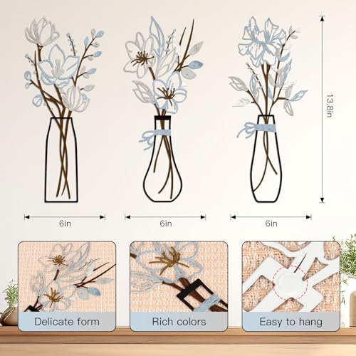 3 Pieces Metal Flowers Wall Art for Bathroom (Blue Brown) - color: Blue Brown