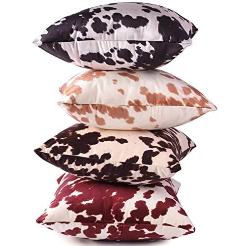 Velvet Throw Pillow Covers Beige Tan Cow Cowhide Print Couch Pillows 18x18 - color: Light Brown, size: 18" x 18" (Pack of 2)