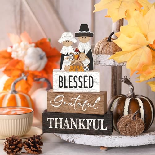 4 Pcs Thanksgiving Decor for Home Pilgrim Couple Wooden Signs with Turkey - style: Pilgrim