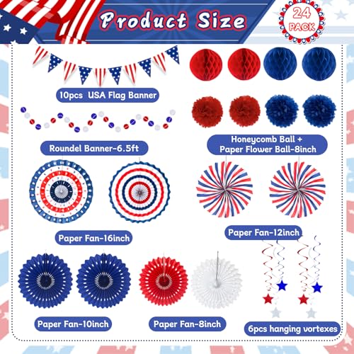 24 Pcs Patriotic 4th of July Decorations Kit, Paper Fans Pom Poms 8-16 in - color: Red, White and Blue