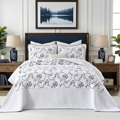 100% Cotton Oversized Queen Bedspread 120x102, Navy White - color: White/Navy Blue, size: Oversized Queen(120"x102")