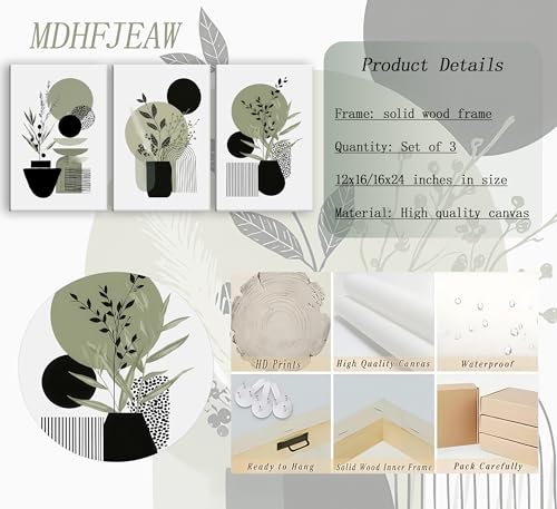 MDHFJEAW 3 Pcs Sage Green Boho Floral Canvas Wall Art 12x16 In - color: Canvas, size: 16''L x 12''W