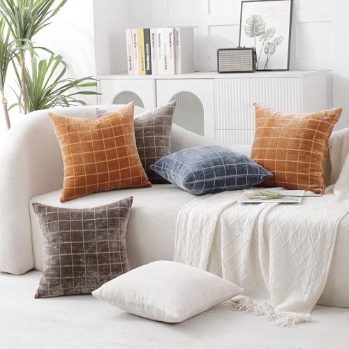 HPUK Checkered Throw Pillow Covers 18x18 Inch, Soft Cut Velvet, Set of 2 - color: Chenil Check-orange