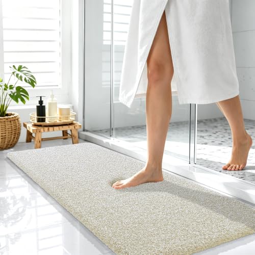 OLANLY Microfiber Bathroom Rugs 47x17, Quick Dry Bath Mat, Sand and White - color: Sand and White, size: 47" X 17"