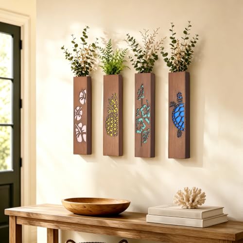 4 Sets Wood Wall Vase Planter for Home Decor Living Room Bedroom Bathroom Wooden Hanging Planters Vases Wall-Mounted Rustic Farmhouse Decorative Holders Mount - Brown - 11.81in