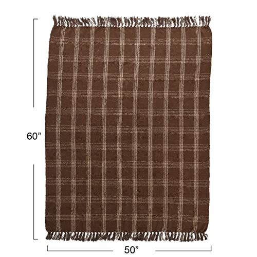 Creative Co-Op Recycled Cotton Blend Throw Blanket with Fringe, Brown Plaid One Size (Pack of 4) - color: Brown, size: One Size (Pack of 4)