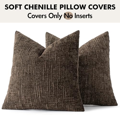 MIULEE Chenille Textured Fall Throw Pillow Covers Brown 18x18 Set of 2 - color: Brown, size: 18" x 18" (Pack of 2)