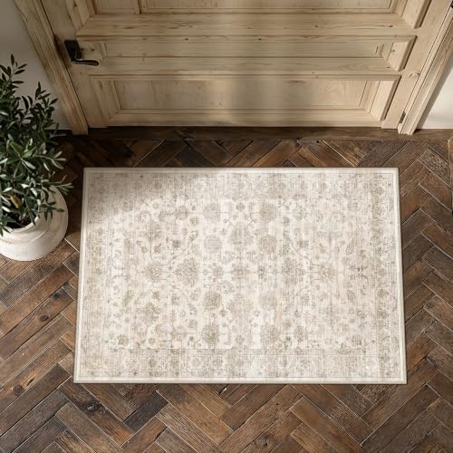 Beige Entryway Area Rug 2x3 Distressed Vintage Farmhouse Style - color: Vintage Beige, size: 2' x 3' (Rectangular)
