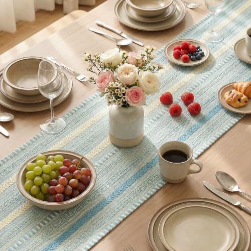 Artoid Mode Sky Blue Farmhouse Stripe Braided Table Runner 12x72 Inch - color: Sky Blue, size: 12" x 72", Table Runner