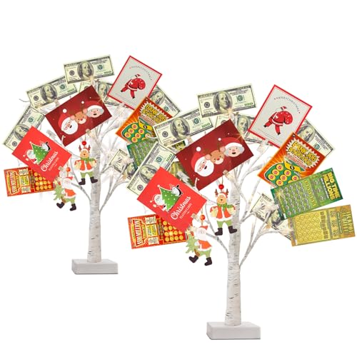 PEIDUO Set of 2 Money Trees, Lighted 22Inch 24LT White Birth Tree with Clips and Greeting Cards, Gift Card Holder for Birthday,Christmas, Wedding, Father's Day Graduation Gifts, Money Tree Gift Holder - color: Transparent,white