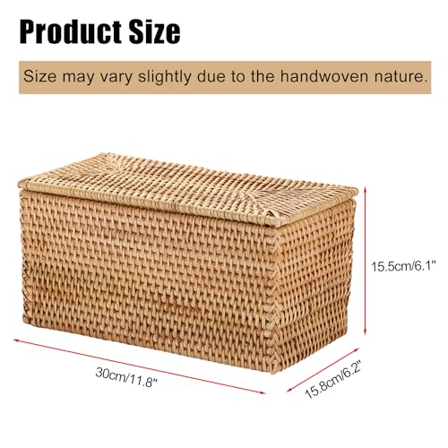 Hipiwe Rattan Basket Storage Box with Lid Handwoven Lidded Wicker Baskets - size: 11.8"L x 6.2"W x 6.1"H