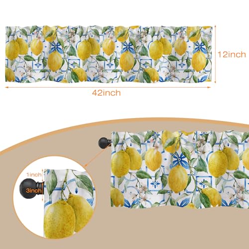Valances Curtains for Windows, Hand Drawn Lemons and Blue Tiles Semi Sheer Curtain Valances,Rod Pocket Short Window Treatment Light Filtering Decor Valances for Kitchen Living Room Bedroom - 42"x12" - color: Lemon Leaves Flowers, size: 12"W x 42"L (Pack o