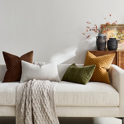 Croker Horse 12x20'' inches Chenille Plaid Throw Pillow Cover – White Textured 3D Geometric Grid Checkered Plaid Pattern, Soft Modern Farmhouse Boho Cushion Case for Sofa Couch Bedroom Living Room - color: White, size: 20" x 12" (Pack of 1)