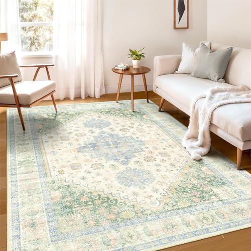MUJOO 5x7 Area Rugs Washable Boho Low Pile Non Slip Green and Blue Large - color: Green and Blue, size: 5' x 7' (Rectangular)