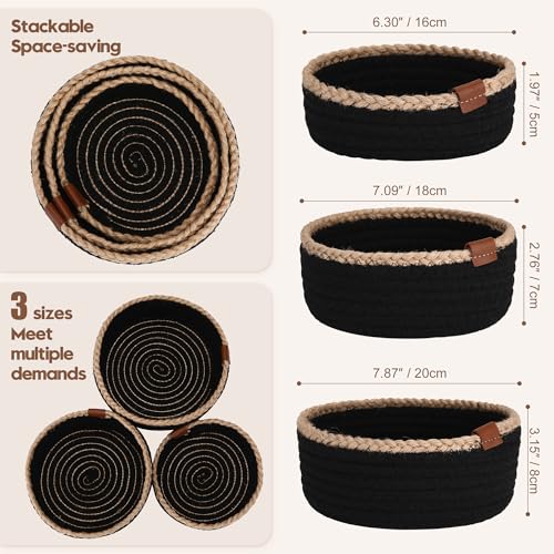 Sea Team 3-Pack Compact Nesting Woven Cotton Rope Storage Baskets, Black - color: Black & Jute